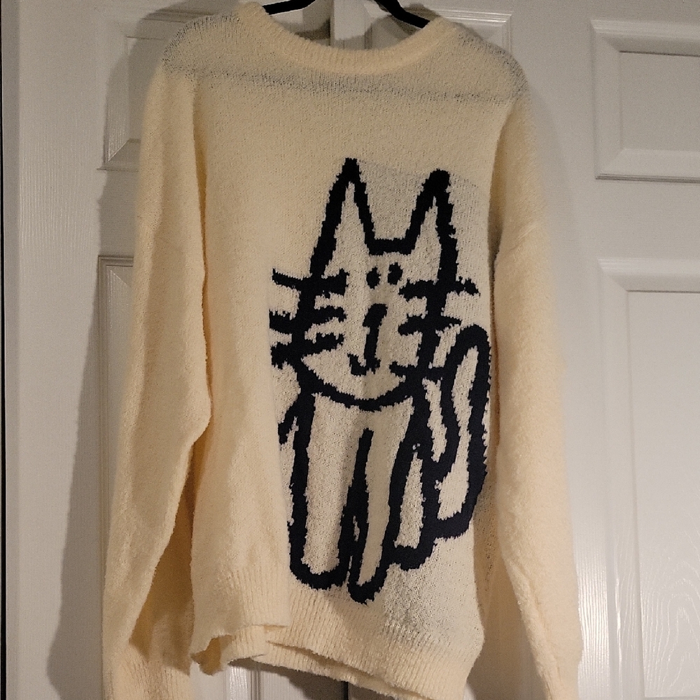 Cream Sweater with Cat Design
